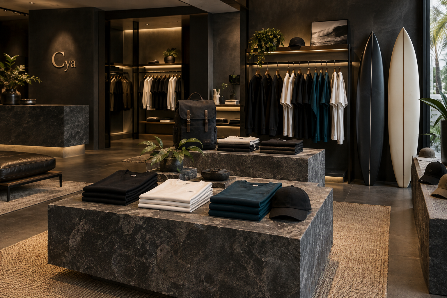 Concept CYA boutique with folded tees, canvas bags and surfboards